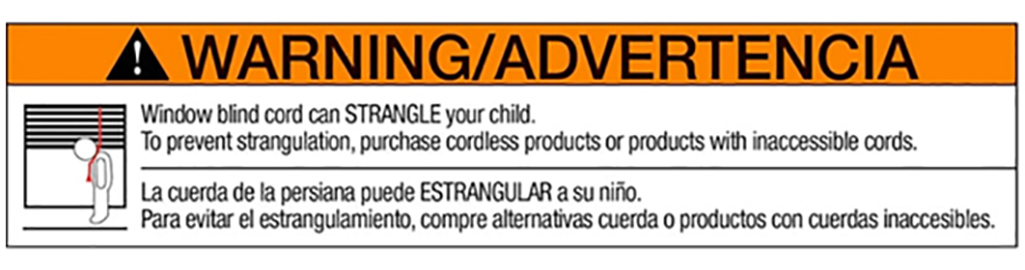 A sign commonly found on shades and blinds warning of the dangers of cords to children.
