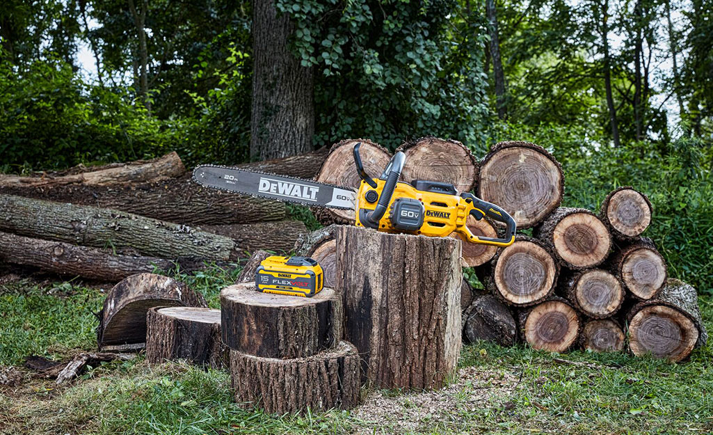 A chainsaw sitting on top of a tree trunk.