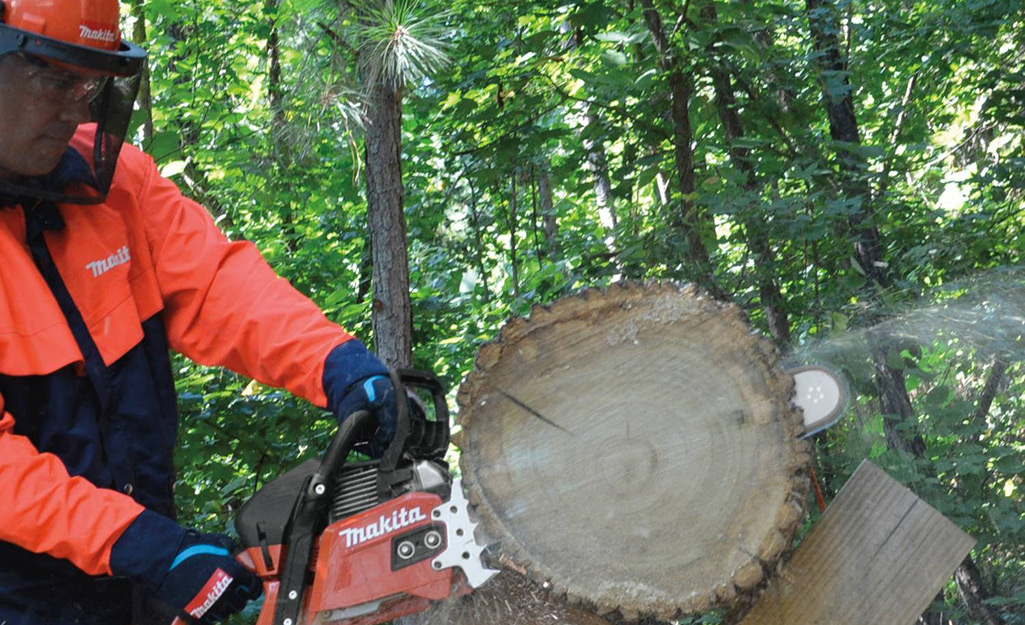 A person in safety gear using a chainsaw to cut a log.