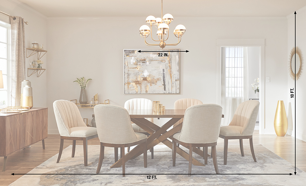 A chandelier in a dining room with measurements of the height and width of the room and the width of the chandelier.