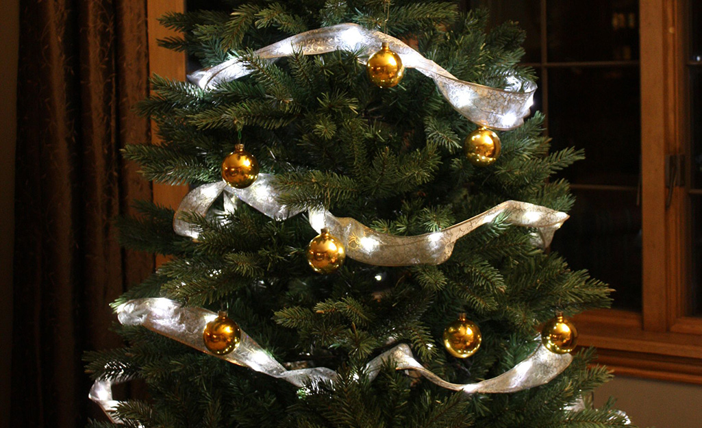 Ribbon Christmas lighting decorating a large tree.