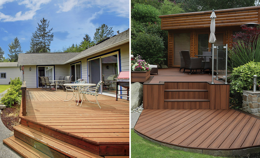 A comparison of a wood deck on the left and a composite deck on the right.