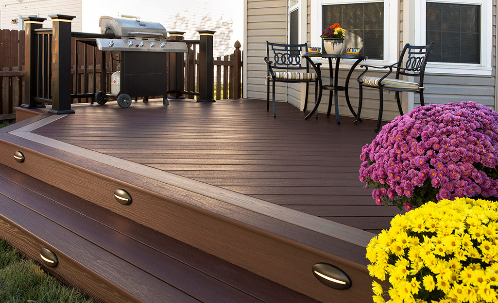 A small deck made with redwood decking.