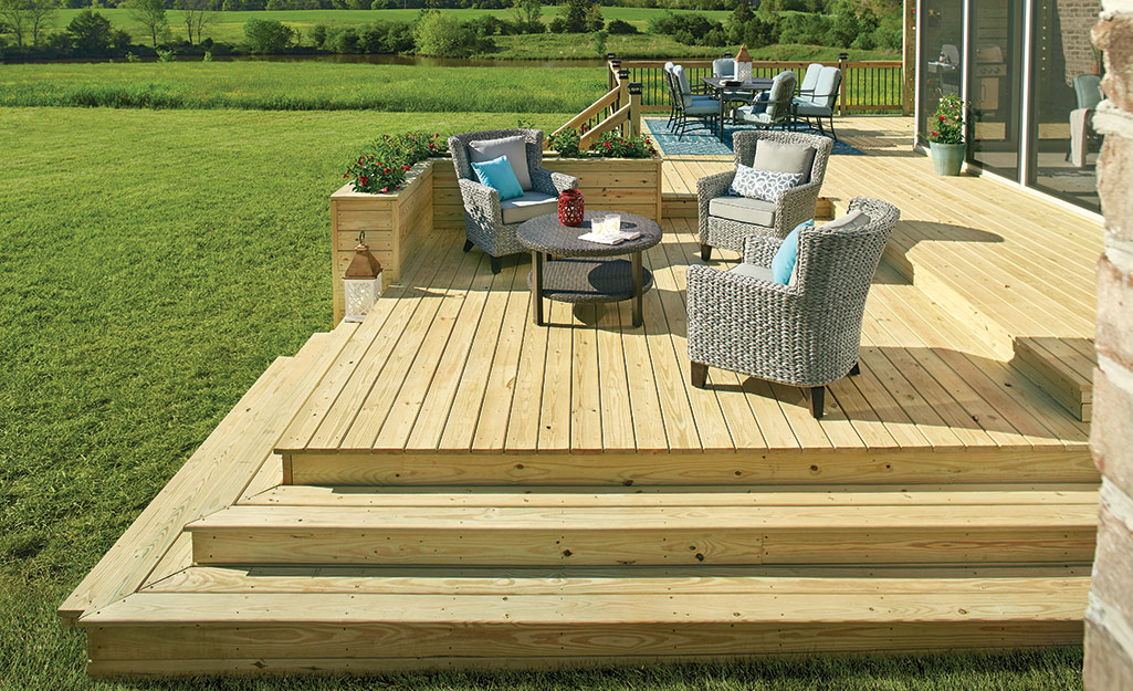 A large deck made from pressure treated boards.