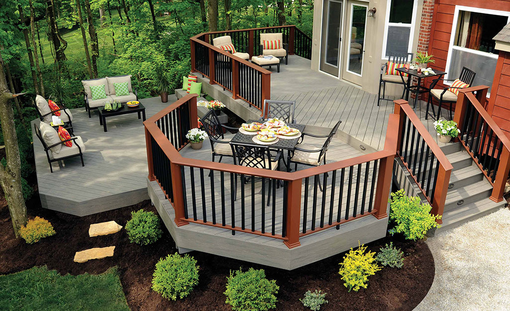A multi-level gray and brown composite deck.