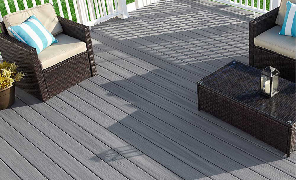 A deck made from gray PVC decking boards.