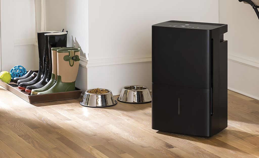 A medium-sized black dehumidifier works in a mudroom.