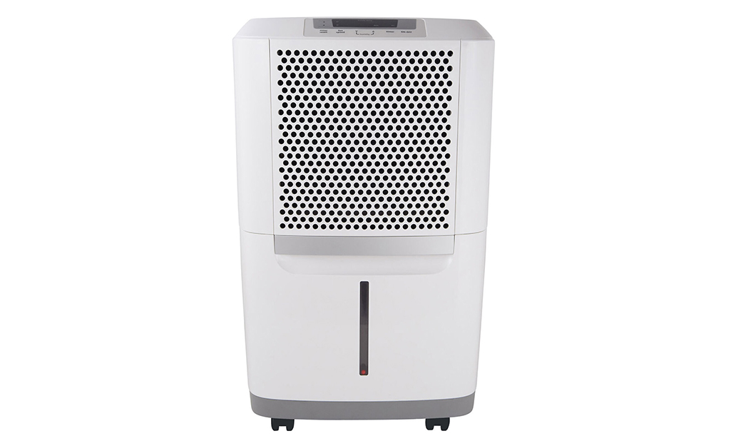 A white, portable dehumidifier.