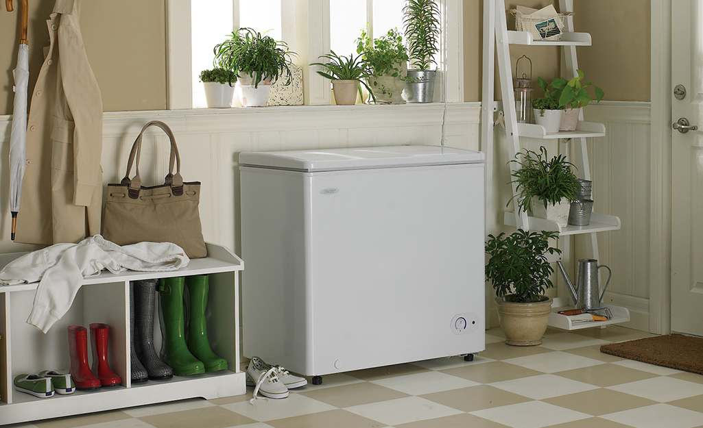 A white chest freezer sits between a shelf holding houseplants and three pairs of rain boots under a bench in a mud room.