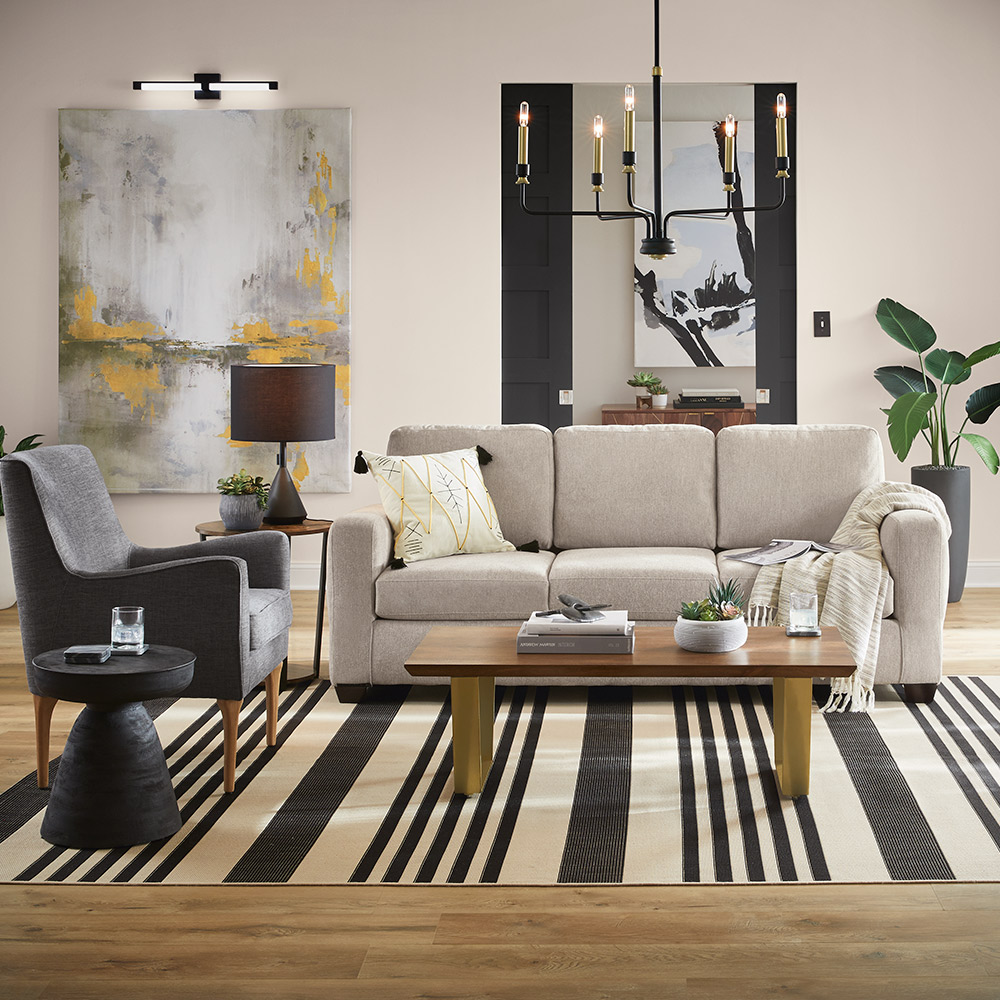 A living room with a striped rug