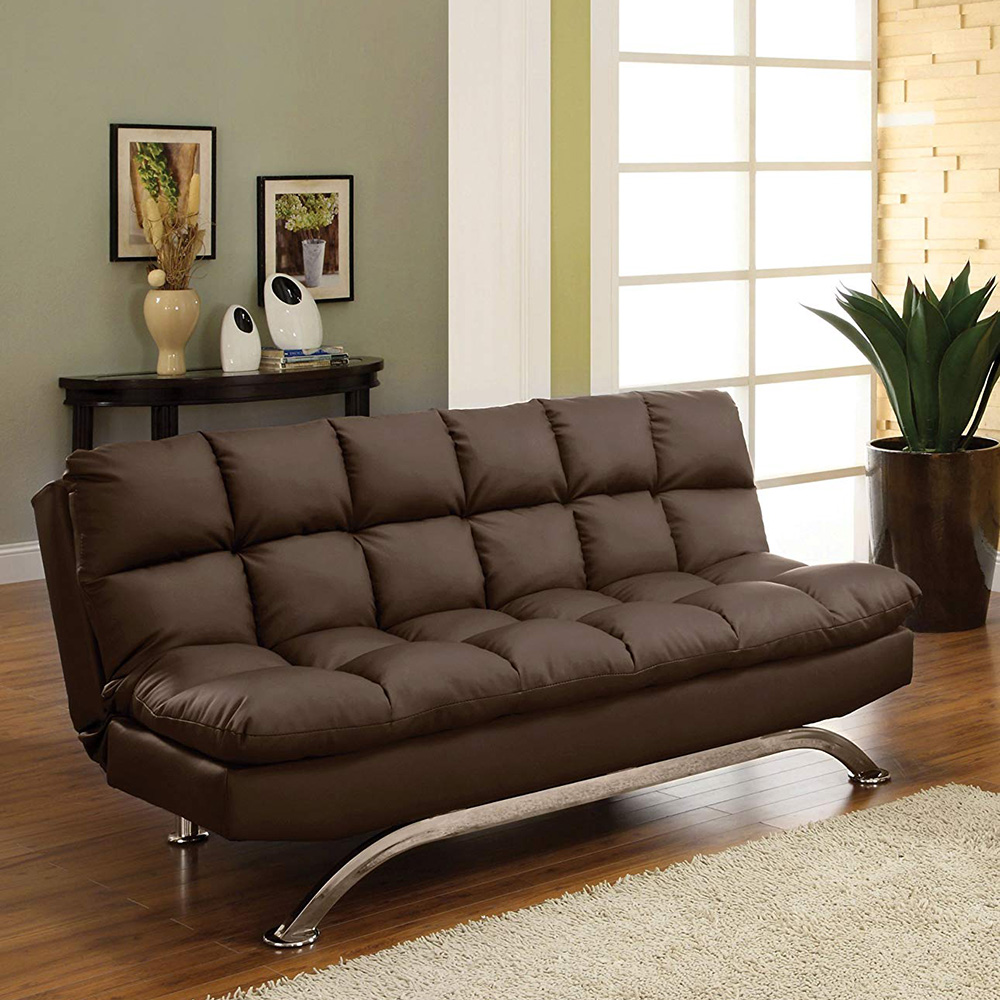 A brown leather futon in a living room.