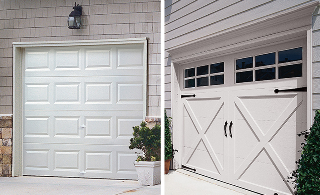 A classic garage door and a carriage-style garage door.
