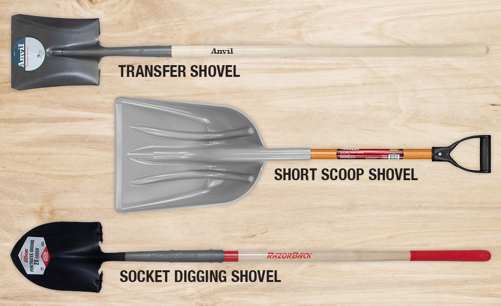 An infographic shows three types of shovels.