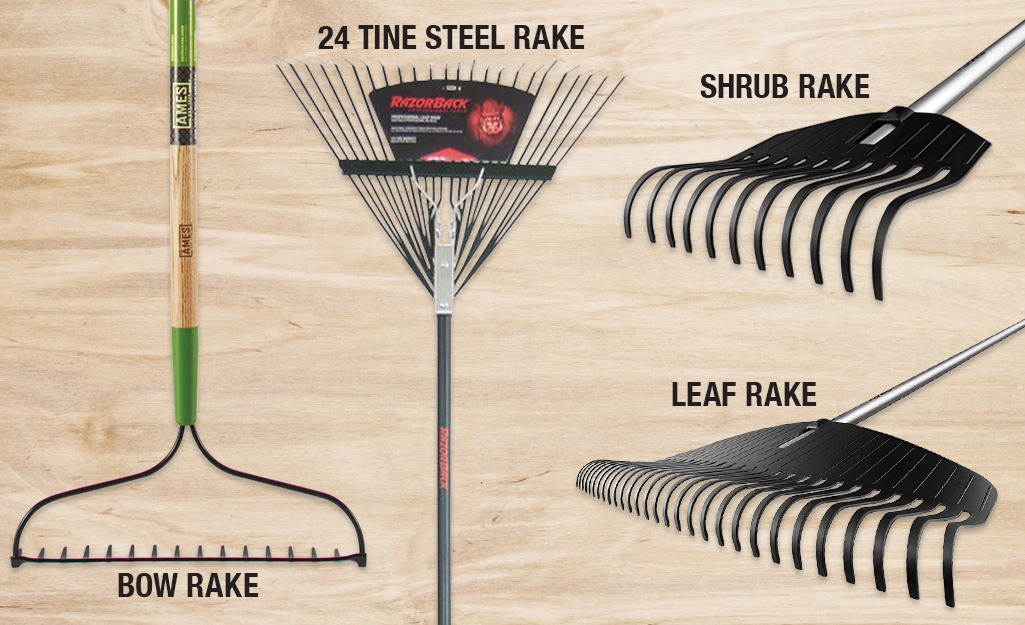 An infographic shows four types of rakes.