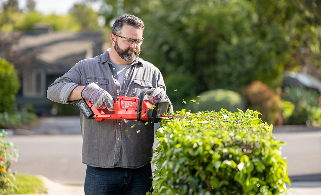 Man using a double-sided blade to trim a shrub.