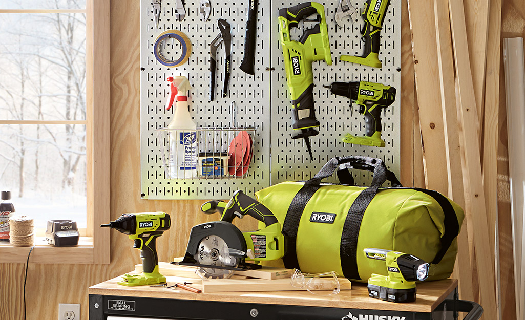 A tool work area with a variety of tools.