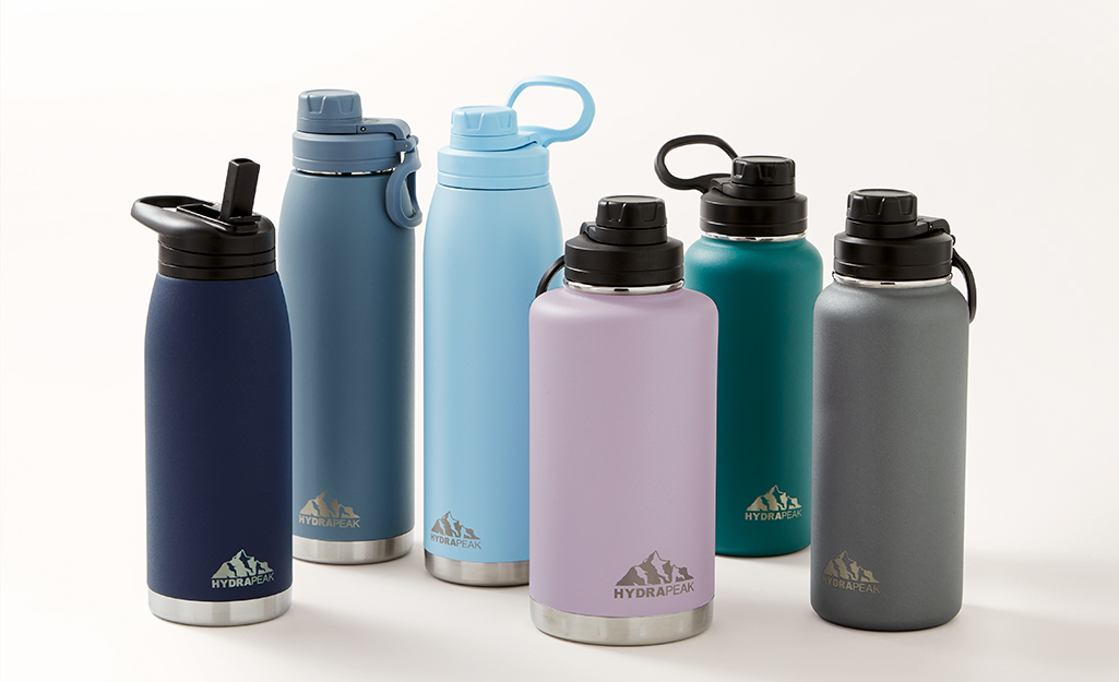A variety of water bottles in pretty colors.