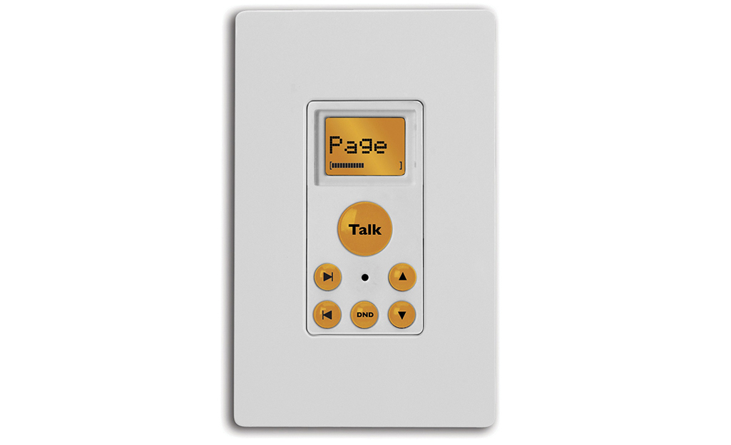 The control panel of a home intercom is shown against a white background. 