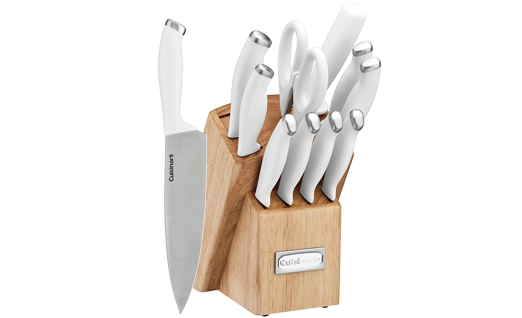 A knife set complete with knife block.