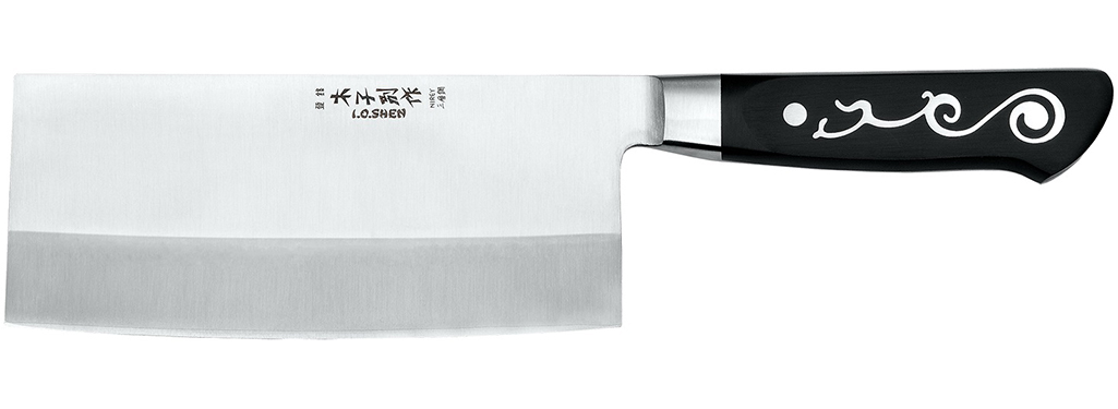 A meat cleaver with a silver and black handle.