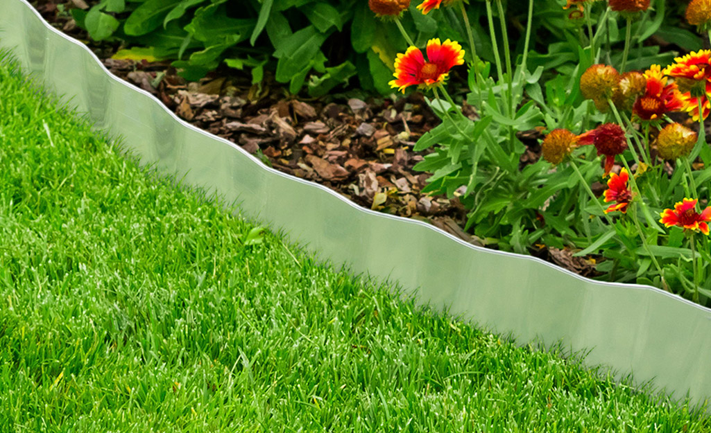 Metal edging installed between a flower bed and lawn.