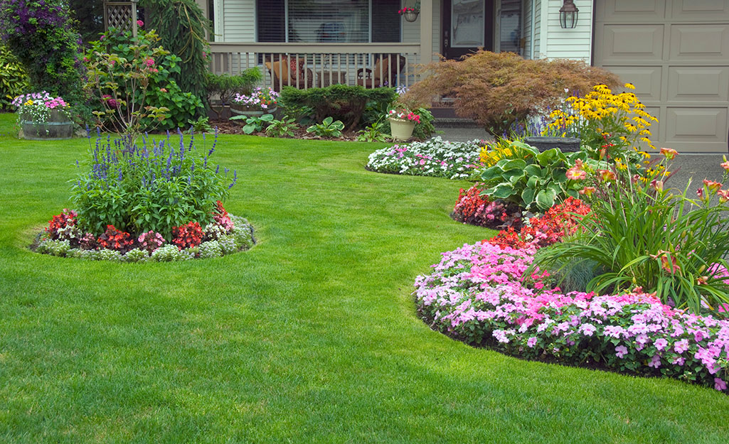 A green lawn bordered by flower beds.