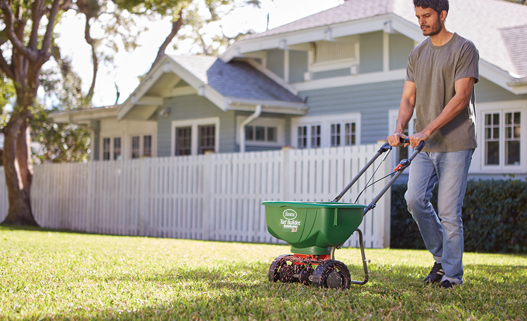A man fertilizes his yard using a fertilizer spreader.