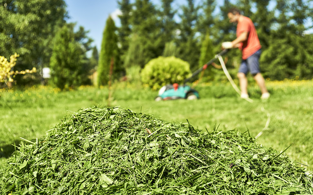 A pile of grass clippings with a person mowing the background.