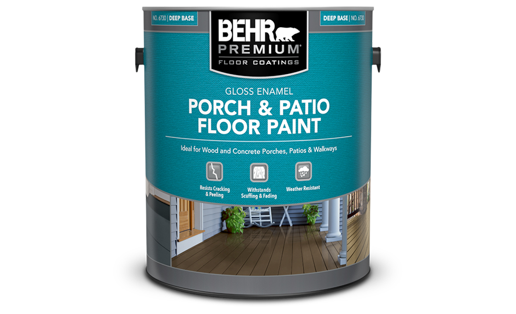 A container of porch and patio floor paint for concrete.