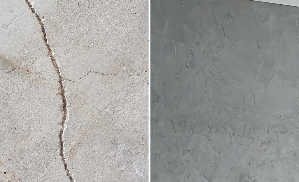 A cracked concrete floor (shown left) is repaired with concrete restorer (left).