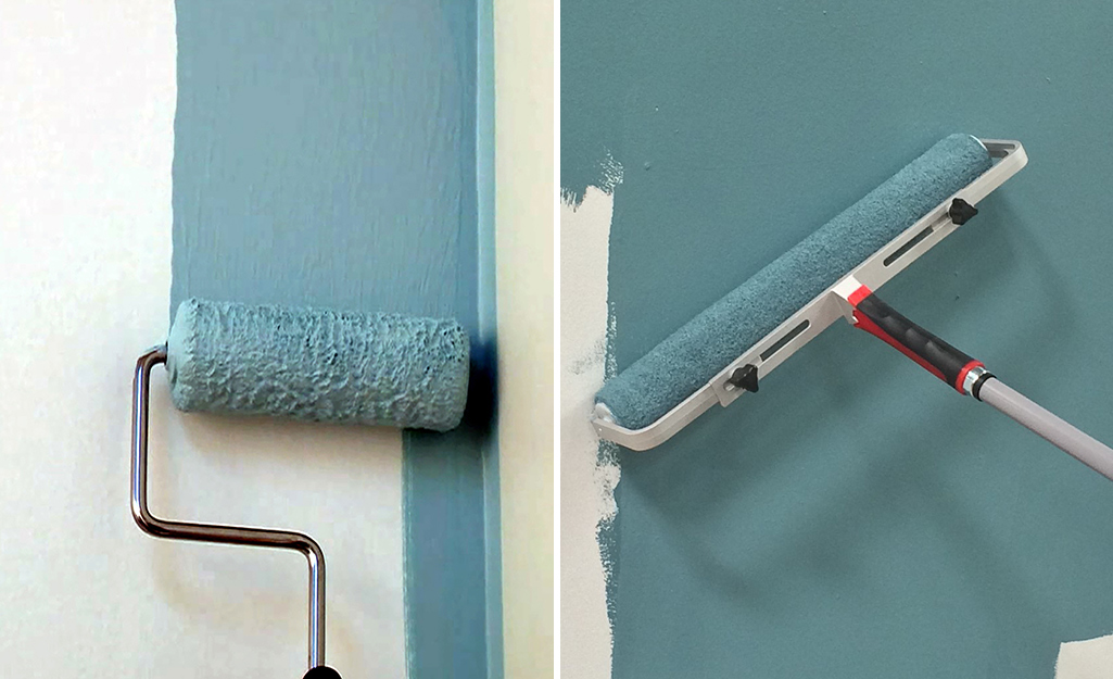 Paint rollers of small and large sizes, from left to right, are used to paint a wall.