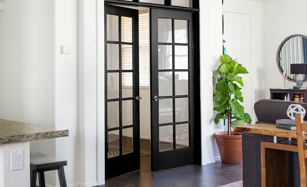A French patio door with a dark frame.