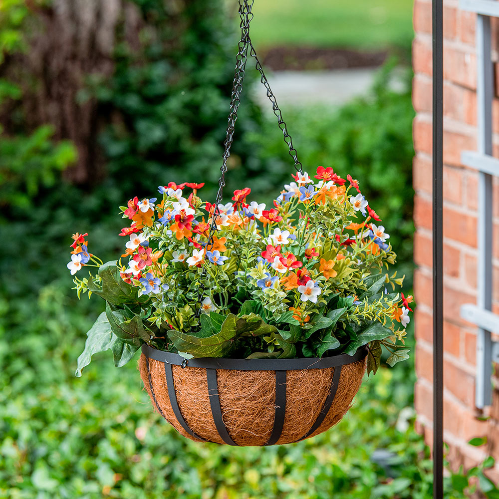 A hanging basket with flowers.