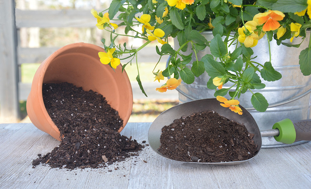 A clay pot turned on its side, with potting soil spilling out, beside a trowel filled with potting soil and a metal bucket holding yellow and orange pansies.