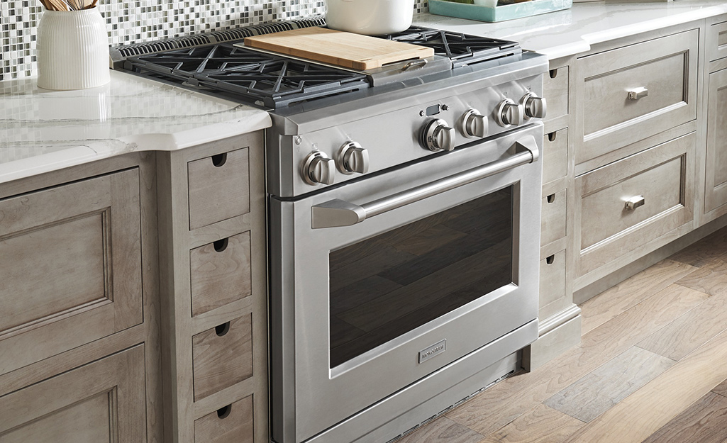 A silver range oven.