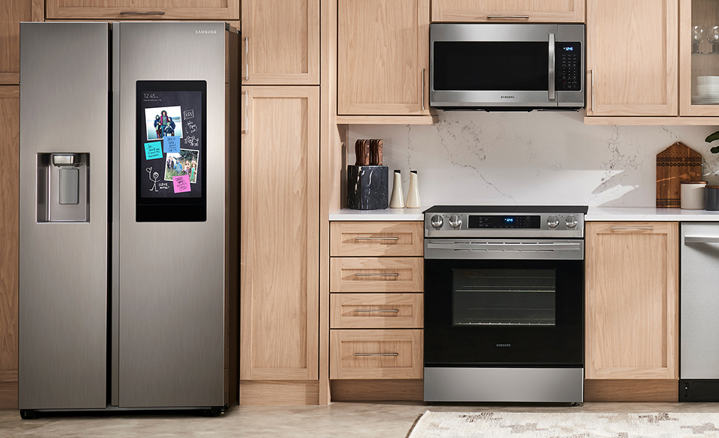 An in-door smart screen refrigerator in a modern kitchen.