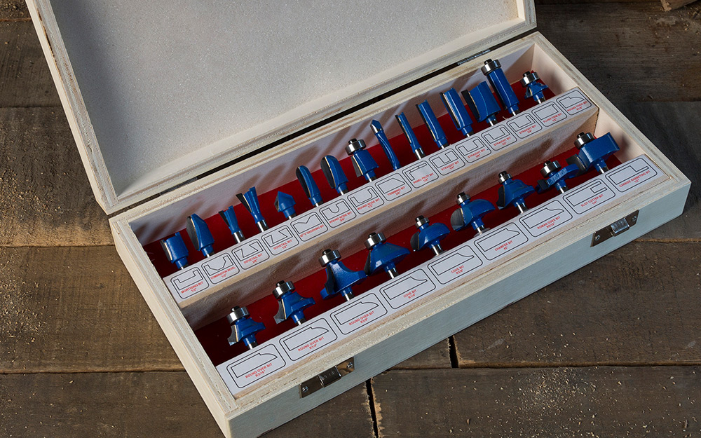 A set of router bits in a kit.