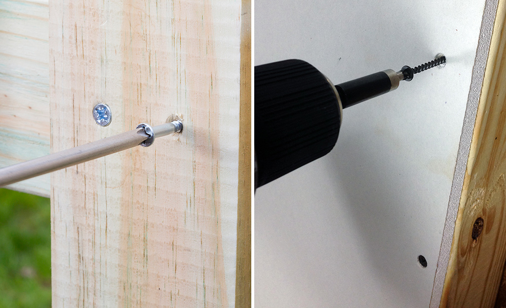 A wood screw being screwed into wood on the left and a drywall screw being drilled into drywall on the right.