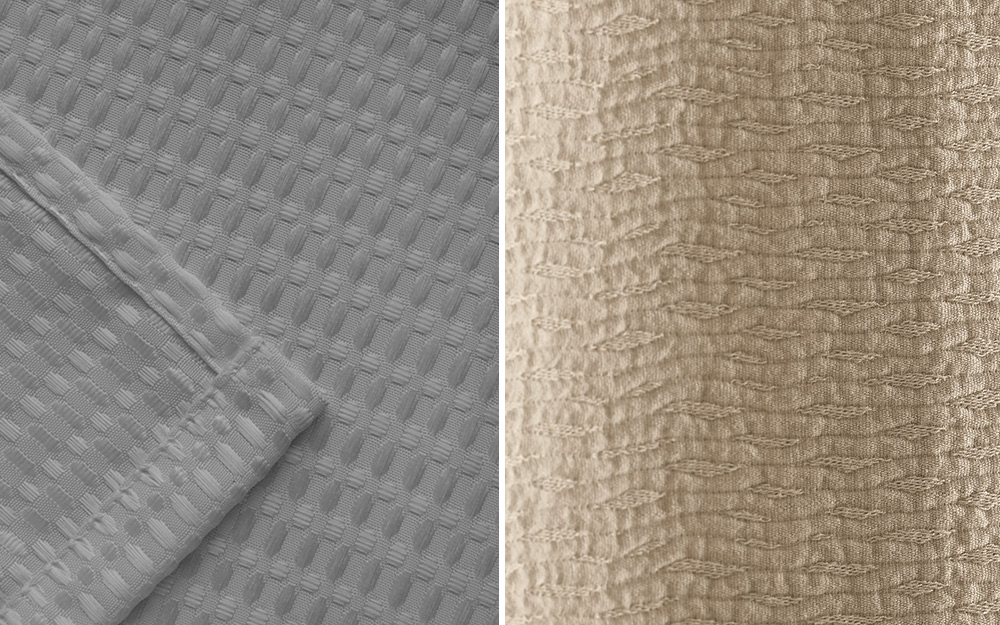 A side-by-side image of different shower curtain fabrics