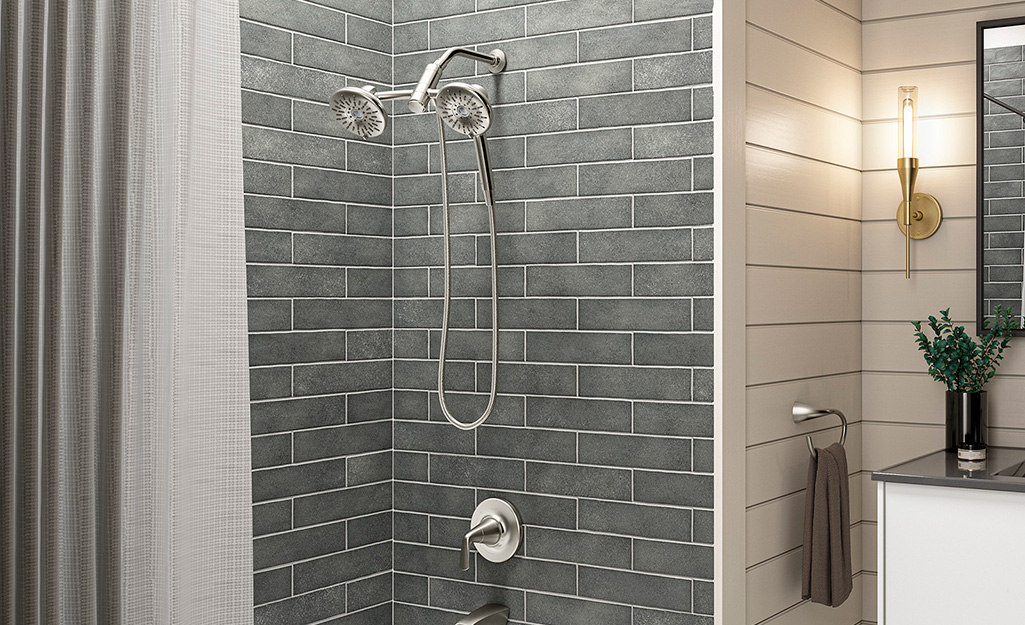 A modern double shower head in chrome. 