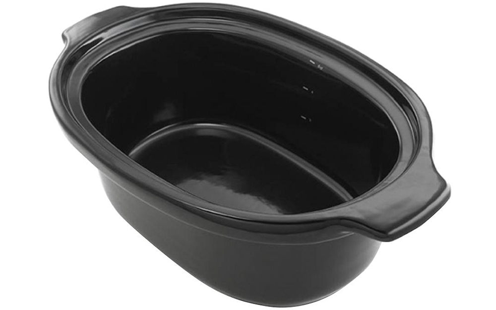 A black ceramic slower cooker insert on a white background.