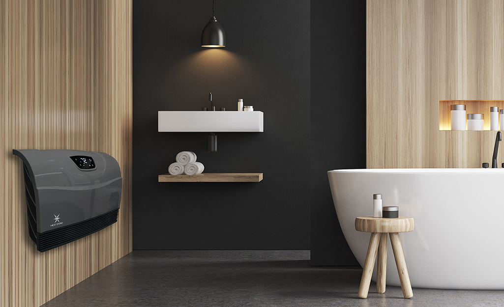 A modern space heater in a sleek bathroom.