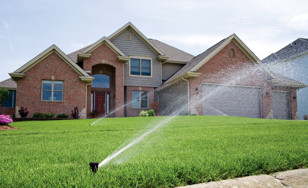 Sprinkler watering a front lawn.