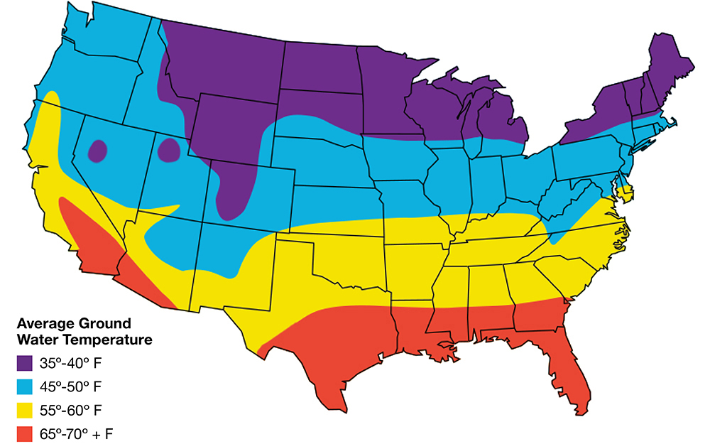 A map shows the average ground water temperatures of the United States.