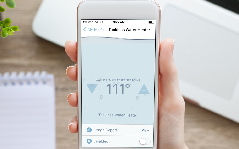 A smartphone is used to control a tankless water heater.