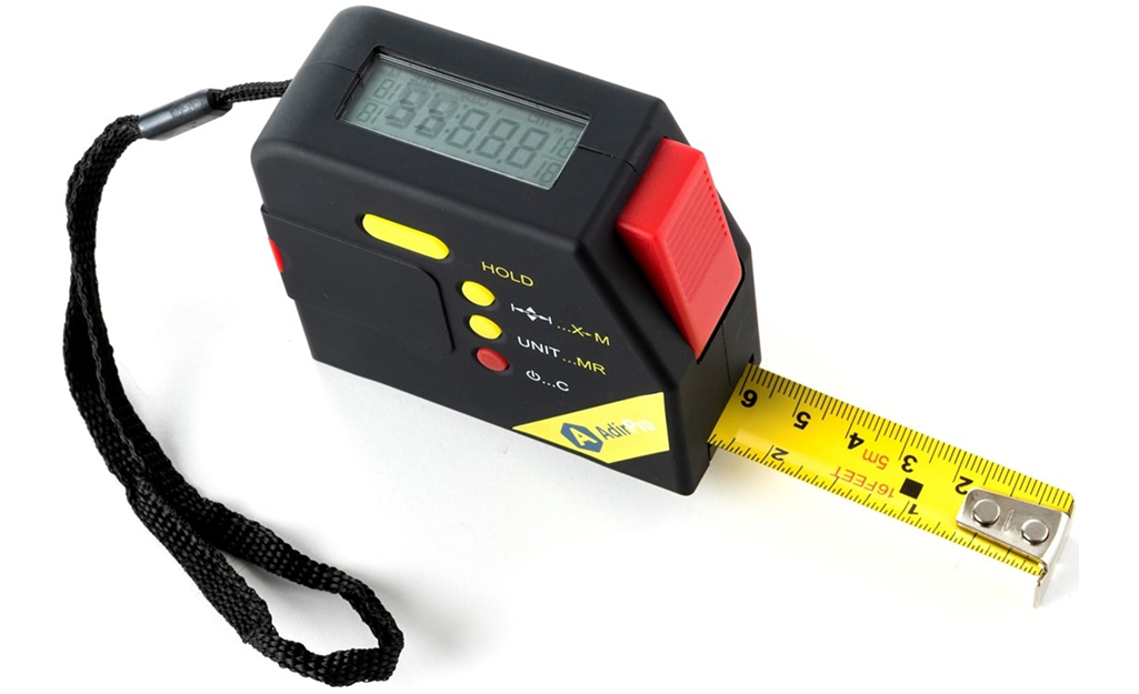 A digital tape measure on a white background.
