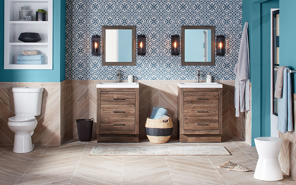 A bathroom with decorative porcelain tile. 