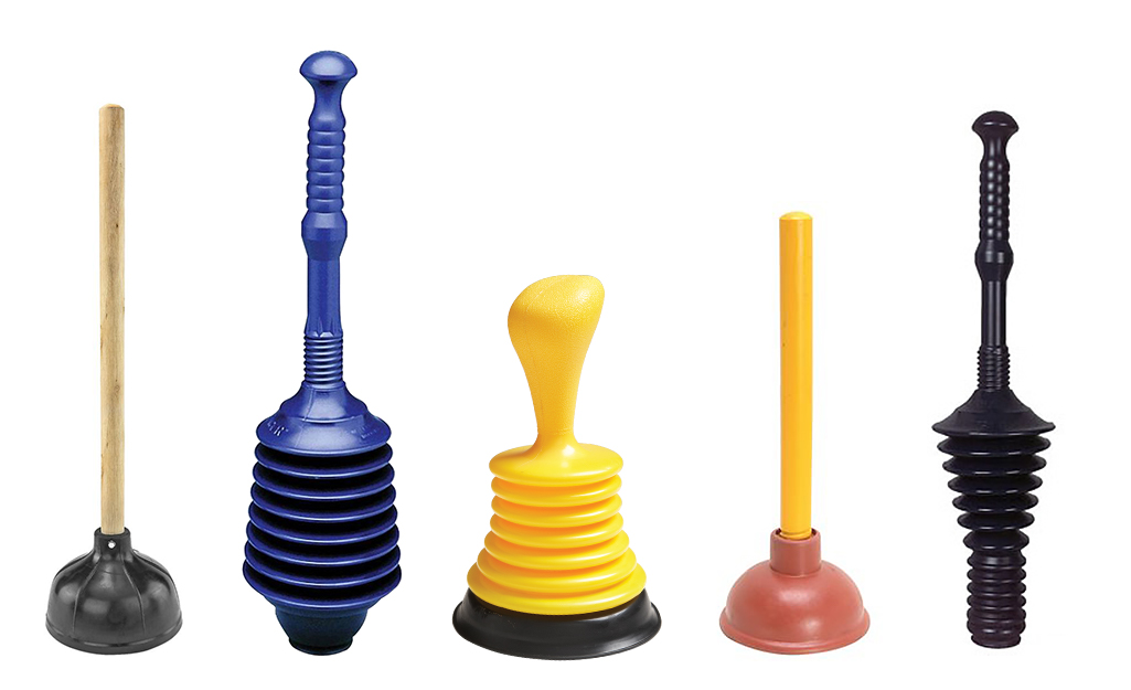 A selection of sink and toilet plungers in different sizes and shapes.