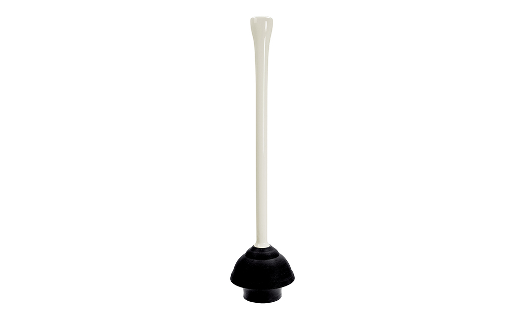 A flange toilet plunger with a white handle and a black rubber cup.