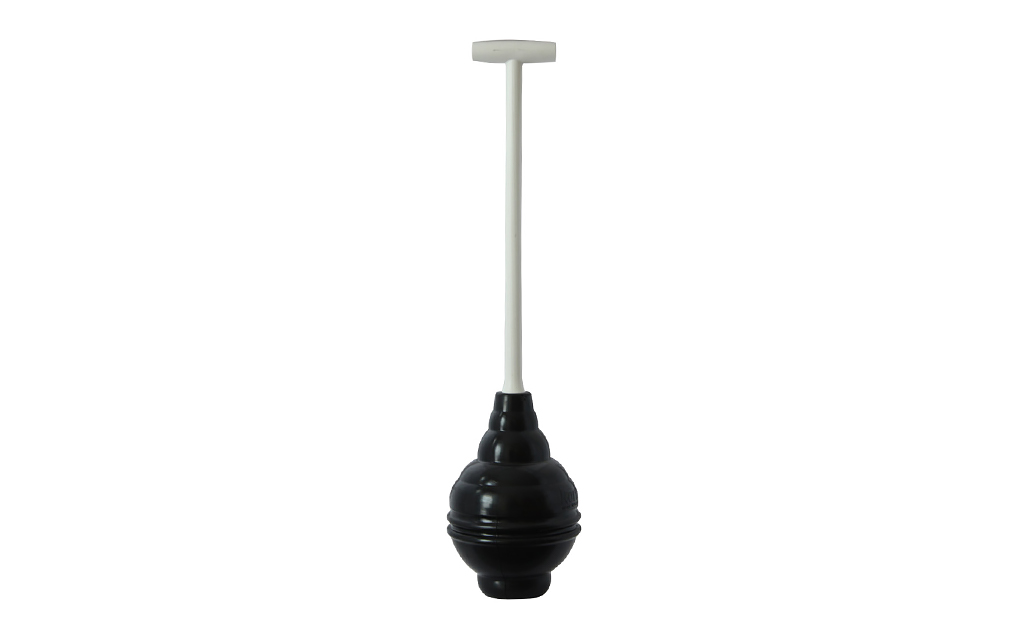 A beehive plunger with a white, T-shaped handle and black rubber cup.